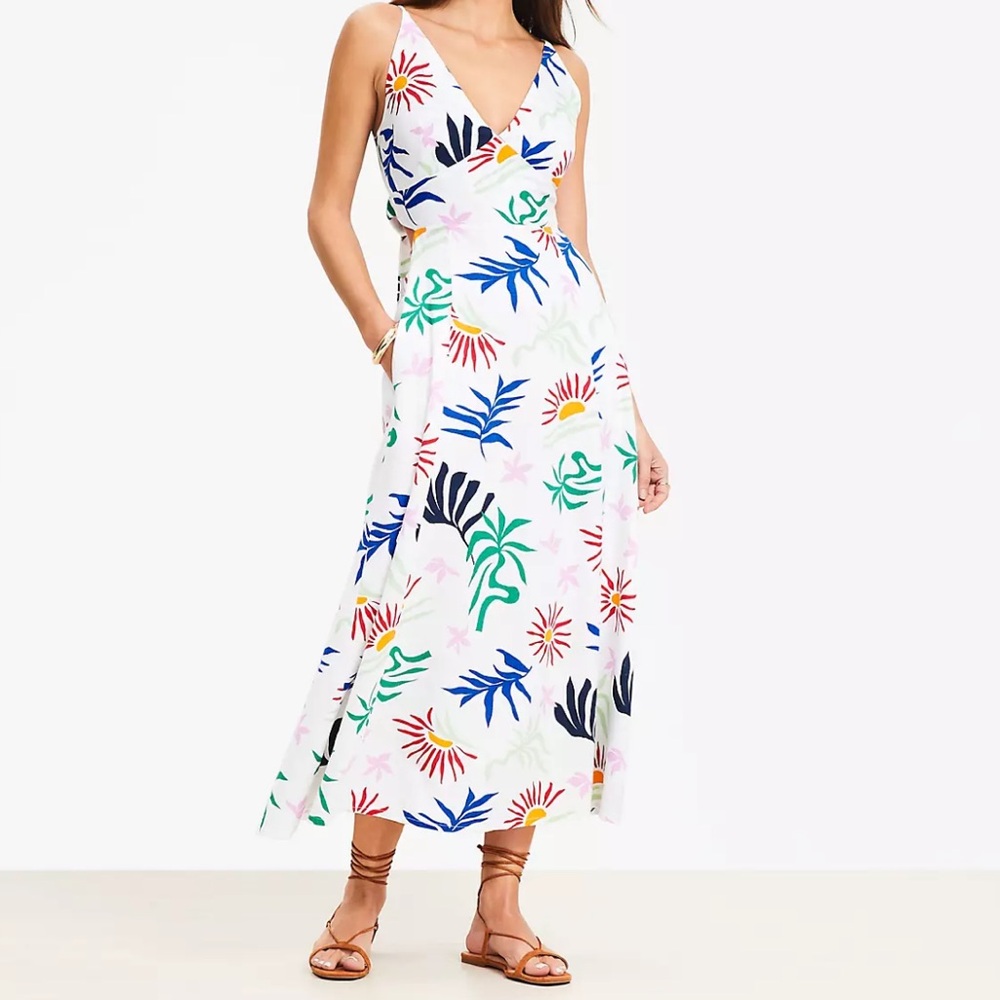 LOFT Beach Floral Tropical Linen Blend Cutout Back Midi Dress Size 10 & 10P